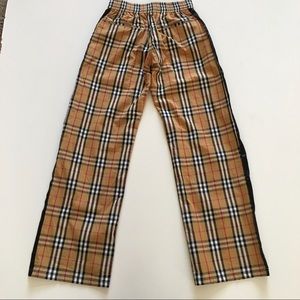satin trim vintage check cotton trousers